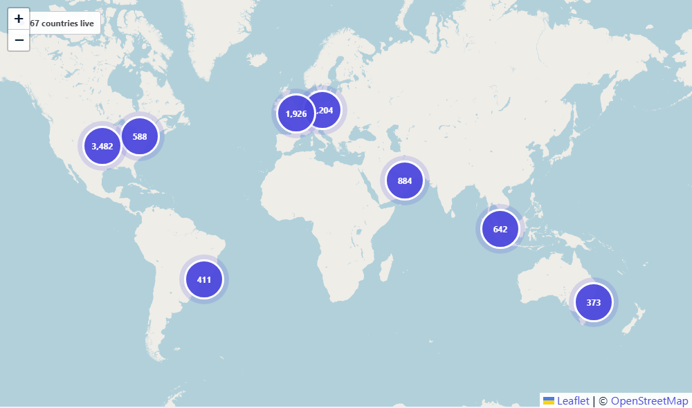 World map with visitor activity dots